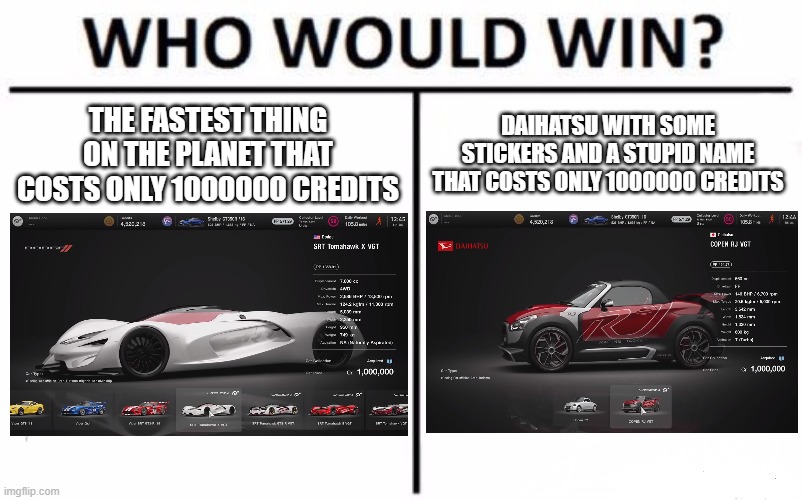 GT Moment | THE FASTEST THING ON THE PLANET THAT COSTS ONLY 1000000 CREDITS; DAIHATSU WITH SOME STICKERS AND A STUPID NAME THAT COSTS ONLY 1000000 CREDITS | image tagged in memes,who would win | made w/ Imgflip meme maker