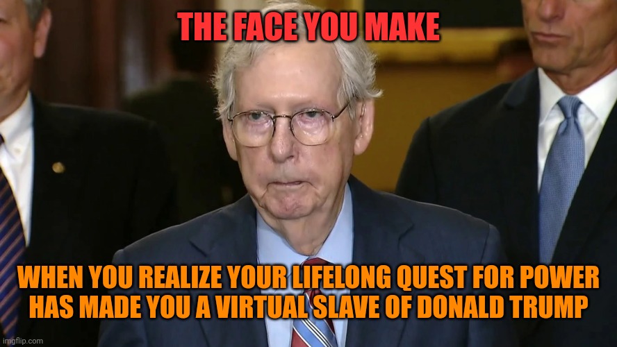 THE FACE YOU MAKE; WHEN YOU REALIZE YOUR LIFELONG QUEST FOR POWER
HAS MADE YOU A VIRTUAL SLAVE OF DONALD TRUMP | image tagged in frozen mcconnell,the moment you realize,ive made a huge mistake,my life is a lie | made w/ Imgflip meme maker