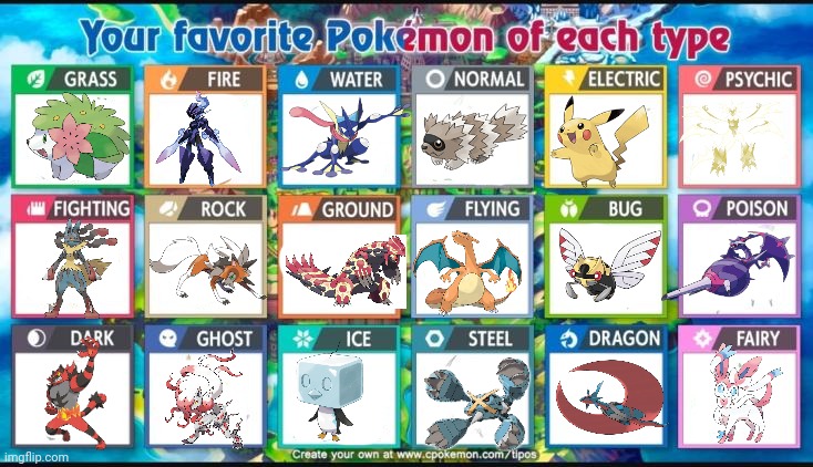 This took forever, but here's my favorite Pokémon of each type. | image tagged in favorite pokemon of each type,pokemon | made w/ Imgflip meme maker