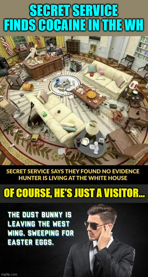 Trust the secret service to clean up like it never happened... | SECRET SERVICE FINDS COCAINE IN THE WH; OF COURSE, HE'S JUST A VISITOR... | image tagged in secret service,hunter biden,clean up | made w/ Imgflip meme maker