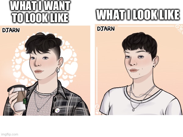 i’m demiboy (partly non-binary) | WHAT I WANT TO LOOK LIKE; WHAT I LOOK LIKE | image tagged in lgbtq | made w/ Imgflip meme maker