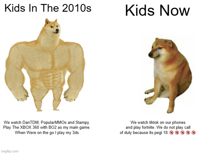 kids then v now | Kids In The 2010s; Kids Now; We watch DanTDM, PopularMMOs and Stampy.
Play The XBOX 360 with BO2 as my main game.
When Were on the go I play my 3ds; We watch tiktok on our phones and play fortnite. We do not play call of duty because its pegi 18.🔞🔞🔞🔞🔞 | image tagged in memes,buff doge vs cheems | made w/ Imgflip meme maker