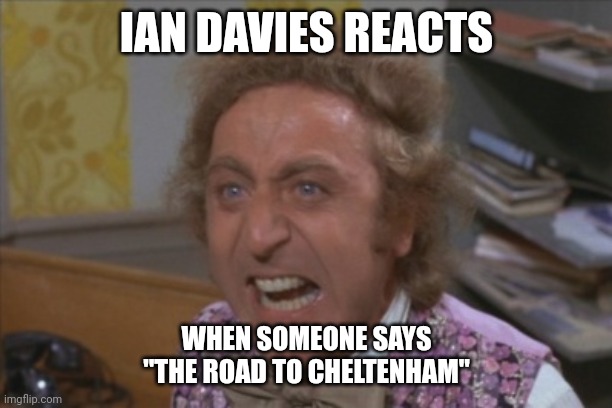 Angry Willy Wonka | IAN DAVIES REACTS; WHEN SOMEONE SAYS "THE ROAD TO CHELTENHAM" | image tagged in angry willy wonka | made w/ Imgflip meme maker