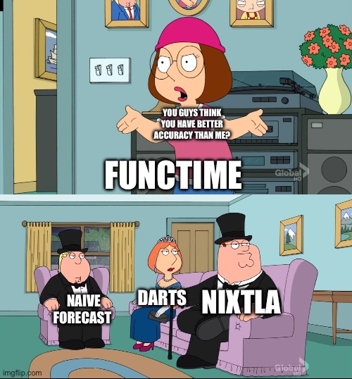 Forecast accuracy is important | YOU GUYS THINK YOU HAVE BETTER ACCURACY THAN ME? FUNCTIME; NIXTLA; DARTS; NAIVE FORECAST | image tagged in meg family guy better than me | made w/ Imgflip meme maker