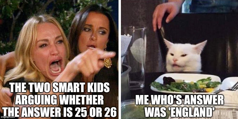 I honestly don't know what class I'm in. They overwork us. And then homework. | THE TWO SMART KIDS ARGUING WHETHER THE ANSWER IS 25 OR 26; ME WHO'S ANSWER WAS 'ENGLAND' | image tagged in smudge the cat,school,wrong | made w/ Imgflip meme maker