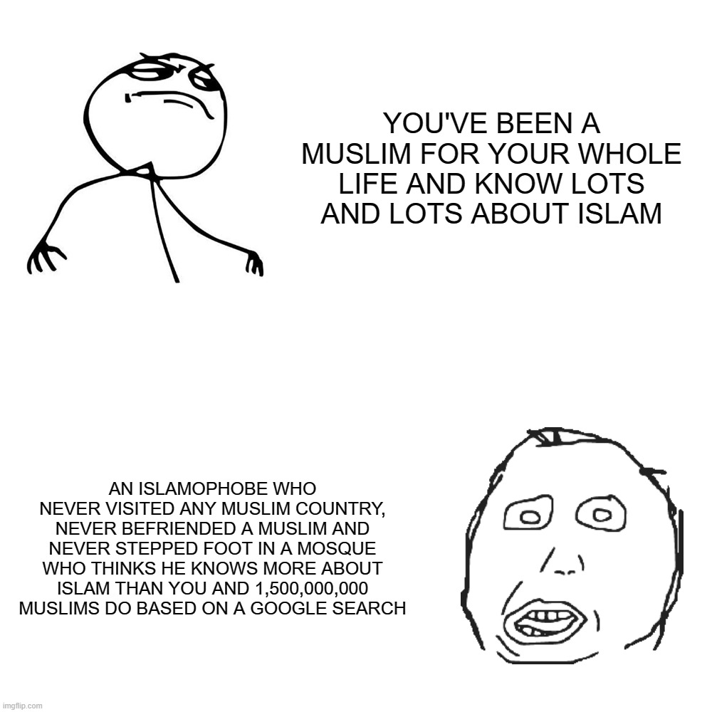 Yep, Literally Every Single Islamophobe is Like This | YOU'VE BEEN A MUSLIM FOR YOUR WHOLE LIFE AND KNOW LOTS AND LOTS ABOUT ISLAM; AN ISLAMOPHOBE WHO NEVER VISITED ANY MUSLIM COUNTRY, NEVER BEFRIENDED A MUSLIM AND NEVER STEPPED FOOT IN A MOSQUE WHO THINKS HE KNOWS MORE ABOUT ISLAM THAN YOU AND 1,500,000,000 MUSLIMS DO BASED ON A GOOGLE SEARCH | image tagged in rage comics,islamophobia,islam,muslim,funny,stupidity | made w/ Imgflip meme maker