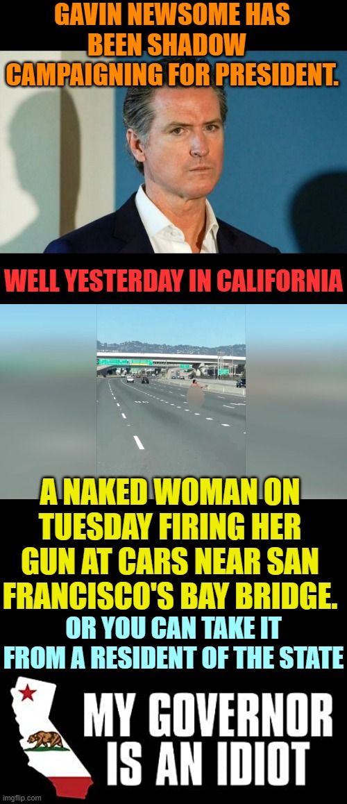 If You Want The Country To Continue Being Run Like California... | GAVIN NEWSOME HAS BEEN SHADOW   CAMPAIGNING FOR PRESIDENT. WELL YESTERDAY IN CALIFORNIA; A NAKED WOMAN ON TUESDAY FIRING HER GUN AT CARS NEAR SAN FRANCISCO'S BAY BRIDGE. OR YOU CAN TAKE IT FROM A RESIDENT OF THE STATE | image tagged in memes,politics,naked woman,shooting,gavin,idiot | made w/ Imgflip meme maker