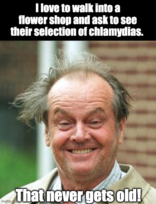 Flower shop | I love to walk into a flower shop and ask to see their selection of chlamydias. That never gets old! | image tagged in jack nicholson crazy hair | made w/ Imgflip meme maker