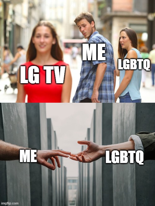 lg tv | ME; LGBTQ; LG TV; ME; LGBTQ | image tagged in memes,distracted boyfriend | made w/ Imgflip meme maker