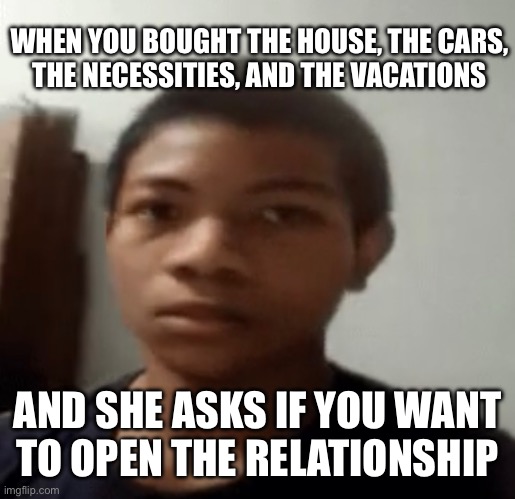 WHEN YOU BOUGHT THE HOUSE, THE CARS,
THE NECESSITIES, AND THE VACATIONS; AND SHE ASKS IF YOU WANT
TO OPEN THE RELATIONSHIP | made w/ Imgflip meme maker