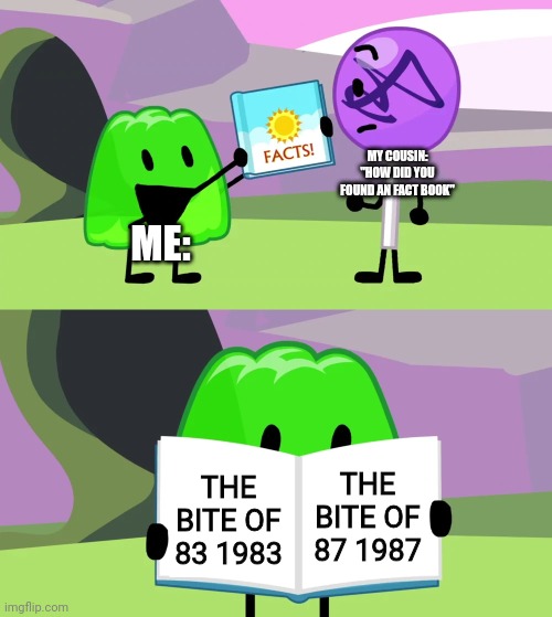 Gelatin's book of facts | MY COUSIN: "HOW DID YOU FOUND AN FACT BOOK"; ME:; THE BITE OF 87 1987; THE BITE OF 83 1983 | image tagged in gelatin's book of facts,bfdi | made w/ Imgflip meme maker