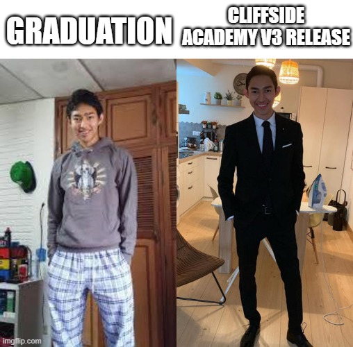 Cliffside Academy Release | CLIFFSIDE ACADEMY V3 RELEASE; GRADUATION | image tagged in fernanfloo dresses up | made w/ Imgflip meme maker