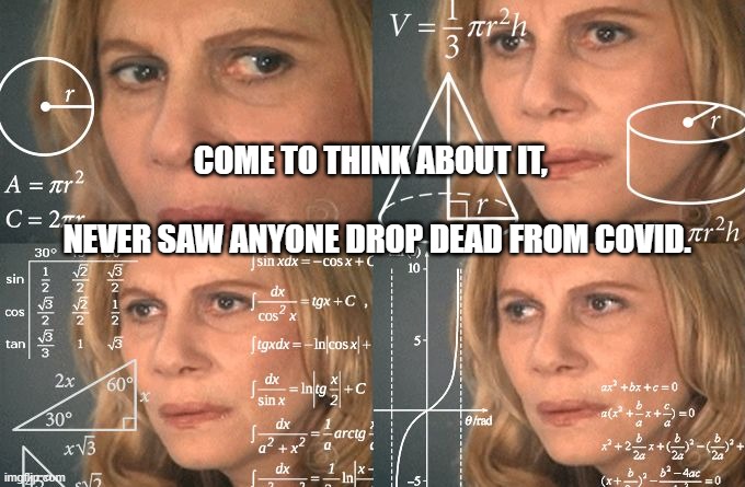 Calculating meme | COME TO THINK ABOUT IT,                                NEVER SAW ANYONE DROP DEAD FROM COVID. | image tagged in calculating meme | made w/ Imgflip meme maker