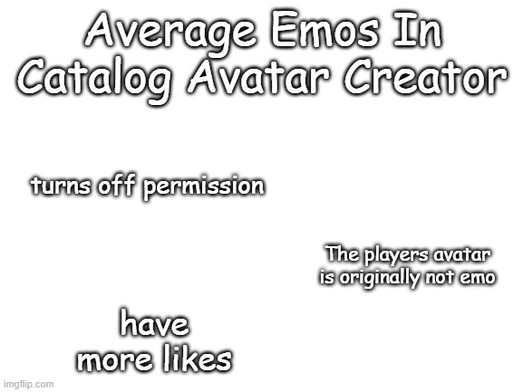 Emo In Catalog Avatar Creator Starter Pack | Average Emos In Catalog Avatar Creator; turns off permission; The players avatar is originally not emo; have more likes | image tagged in blank white template | made w/ Imgflip meme maker