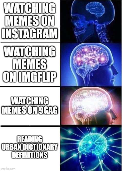 Expanding Brain | WATCHING MEMES ON INSTAGRAM; WATCHING MEMES ON IMGFLIP; WATCHING MEMES ON 9GAG; READING URBAN DICTIONARY DEFINITIONS | image tagged in memes,expanding brain | made w/ Imgflip meme maker