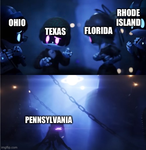 Meme states | RHODE 
ISLAND; OHIO; FLORIDA; TEXAS; PENNSYLVANIA | image tagged in solver uzi,memes,meme states | made w/ Imgflip meme maker