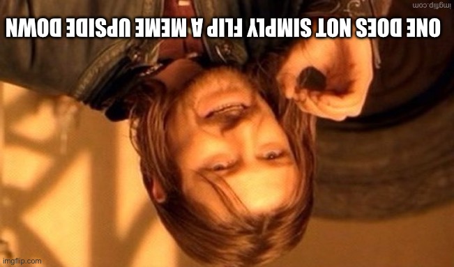 Title goes here | ONE DOES NOT SIMPLY FLIP A MEME UPSIDE DOWN | image tagged in one does not simply,upside-down | made w/ Imgflip meme maker