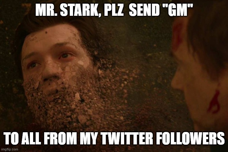 Don't forget gm even when you are turning into dust | MR. STARK, PLZ  SEND "GM"; TO ALL FROM MY TWITTER FOLLOWERS | image tagged in spiderman getting thanos snapped | made w/ Imgflip meme maker