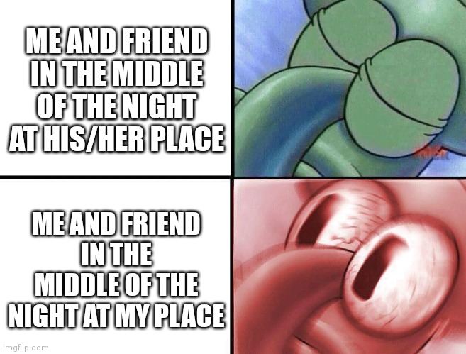 sleeping Squidward | ME AND FRIEND IN THE MIDDLE OF THE NIGHT AT HIS/HER PLACE; ME AND FRIEND IN THE MIDDLE OF THE NIGHT AT MY PLACE | image tagged in sleeping squidward | made w/ Imgflip meme maker