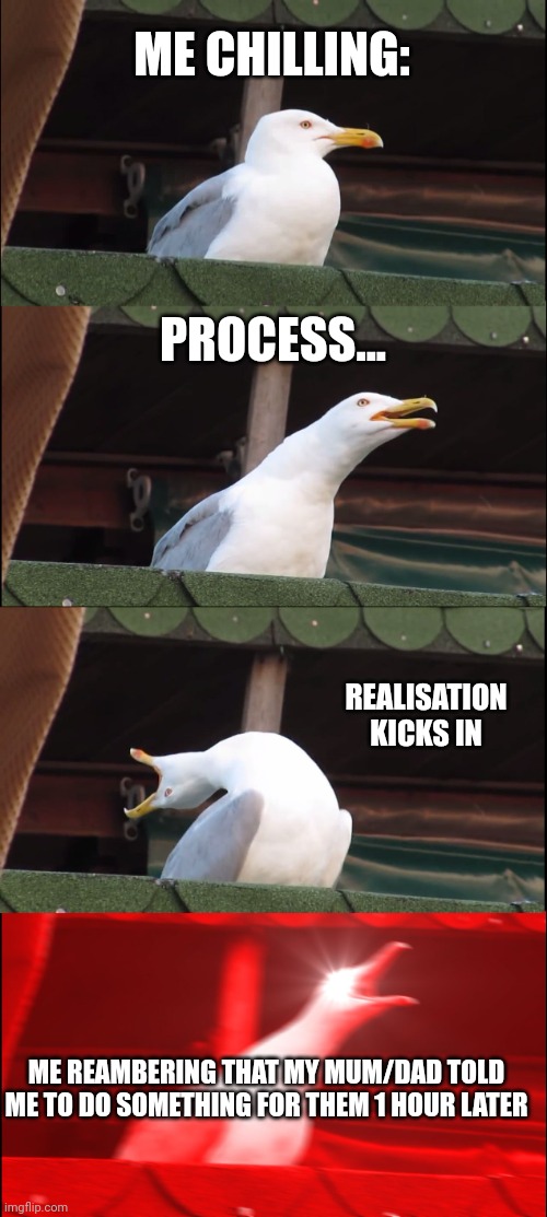 Inhaling Seagull Meme | ME CHILLING:; PROCESS... REALISATION KICKS IN; ME REAMBERING THAT MY MUM/DAD TOLD ME TO DO SOMETHING FOR THEM 1 HOUR LATER | image tagged in memes,inhaling seagull | made w/ Imgflip meme maker