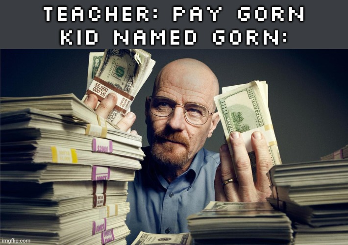 walter white money | TEACHER: PAY GORN
KID NAMED GORN: | image tagged in walter white money | made w/ Imgflip meme maker