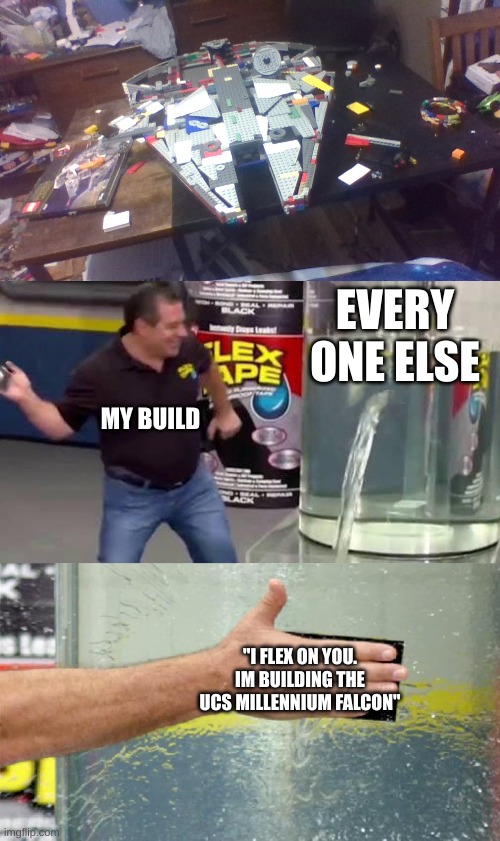 it is replacing my ship so really it was worth it | EVERY ONE ELSE; MY BUILD; "I FLEX ON YOU. IM BUILDING THE UCS MILLENNIUM FALCON" | image tagged in flex tape | made w/ Imgflip meme maker