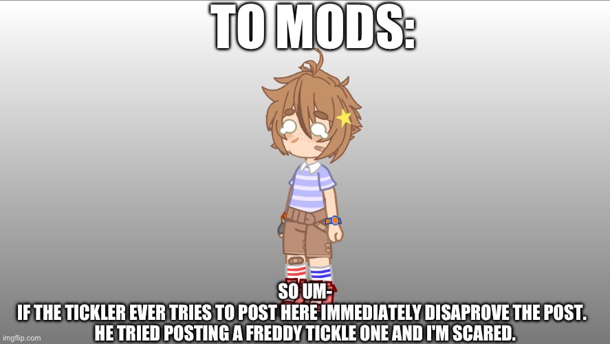 Sorry of its a lot to read. But please don't allow him to post here! | TO MODS:; SO UM-
IF THE TICKLER EVER TRIES TO POST HERE IMMEDIATELY DISAPROVE THE POST.  
HE TRIED POSTING A FREDDY TICKLE ONE AND I'M SCARED. | image tagged in mods,owner | made w/ Imgflip meme maker