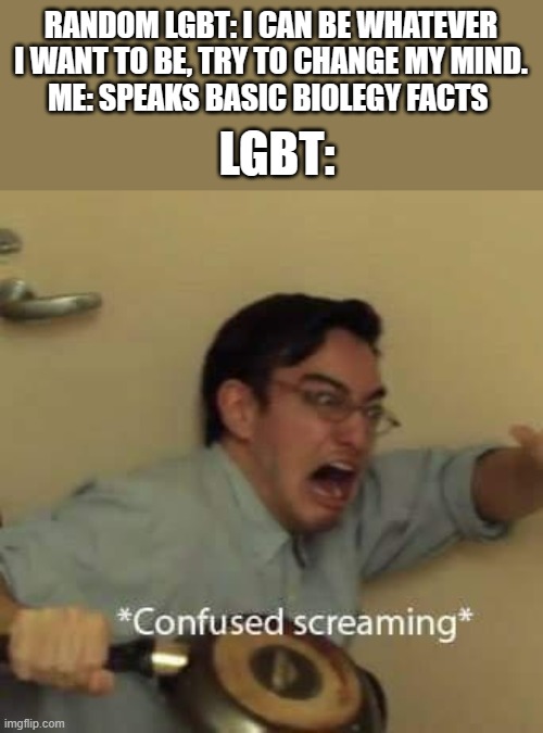 filthy frank confused scream | RANDOM LGBT: I CAN BE WHATEVER I WANT TO BE, TRY TO CHANGE MY MIND.
ME: SPEAKS BASIC BIOLEGY FACTS; LGBT: | image tagged in filthy frank confused scream | made w/ Imgflip meme maker