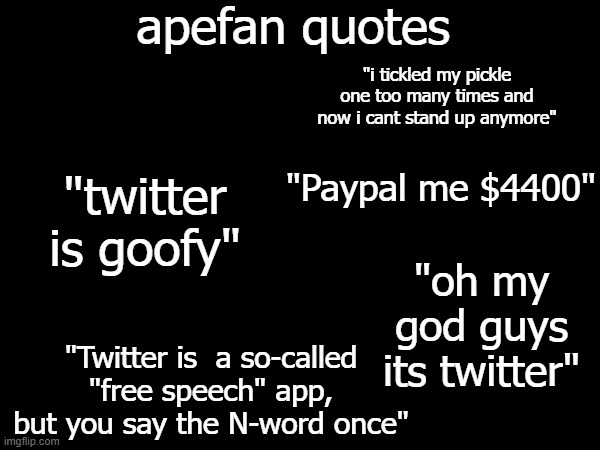 apefan quotes; "i tickled my pickle one too many times and now i cant stand up anymore"; "Paypal me $4400"; "twitter is goofy"; "oh my god guys its twitter"; "Twitter is  a so-called "free speech" app, but you say the N-word once" | made w/ Imgflip meme maker