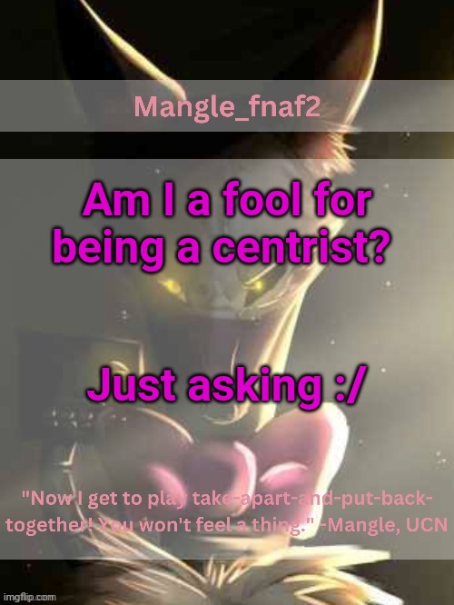 (I am nervous to post this in the conservatives stream) | Am I a fool for being a centrist? Just asking :/ | image tagged in mangle_fnaf2 announcement template | made w/ Imgflip meme maker