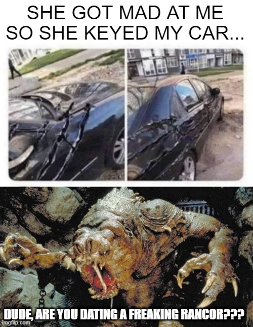 My Rancor GF | SHE GOT MAD AT ME SO SHE KEYED MY CAR... DUDE, ARE YOU DATING A FREAKING RANCOR??? | image tagged in rancor | made w/ Imgflip meme maker