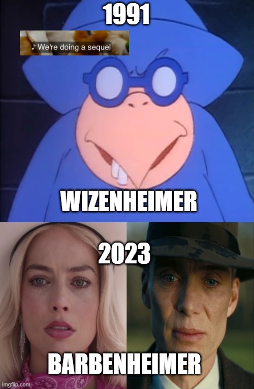 barbenheimer the sequel to wizenheimer | 1991; WIZENHEIMER; 2023; BARBENHEIMER | image tagged in magikoopa wizenheimer,barber,super mario,movies,barbie meme week,magikarp | made w/ Imgflip meme maker