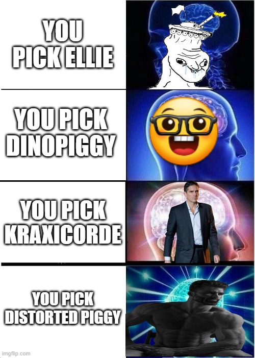 Expanding Brain Meme | YOU PICK ELLIE; YOU PICK DINOPIGGY; YOU PICK KRAXICORDE; YOU PICK DISTORTED PIGGY | image tagged in memes,expanding brain | made w/ Imgflip meme maker