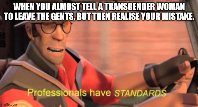 WHEN YOU'RE A TRANSWOMAN BUT DON'T PASS | WHEN YOU ALMOST TELL A TRANSGENDER WOMAN TO LEAVE THE GENTS, BUT THEN REALISE YOUR MISTAKE. | image tagged in professionals have standards | made w/ Imgflip meme maker