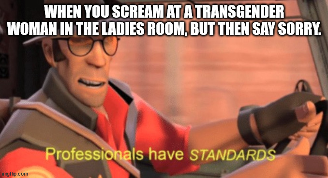 PROFESSIONALS HAVE STANDARDS | WHEN YOU SCREAM AT A TRANSGENDER WOMAN IN THE LADIES ROOM, BUT THEN SAY SORRY. | image tagged in professionals have standards | made w/ Imgflip meme maker