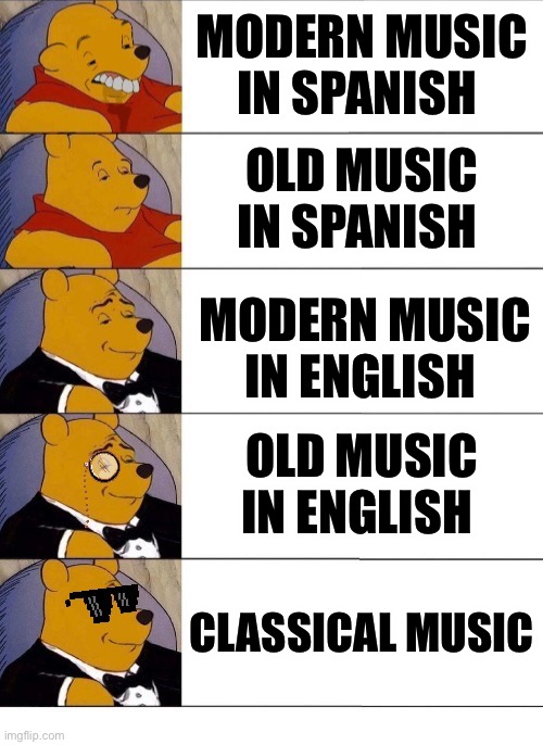 Winnie the Pooh v.20 | MODERN MUSIC IN SPANISH; OLD MUSIC IN SPANISH; MODERN MUSIC IN ENGLISH; OLD MUSIC IN ENGLISH; CLASSICAL MUSIC | image tagged in winnie the pooh v 20,memes,funny,music | made w/ Imgflip meme maker
