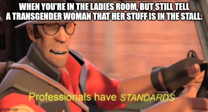 NICE WOMEN BE LIKE | WHEN YOU'RE IN THE LADIES ROOM, BUT STILL TELL A TRANSGENDER WOMAN THAT HER STUFF IS IN THE STALL. | image tagged in professionals have standards | made w/ Imgflip meme maker