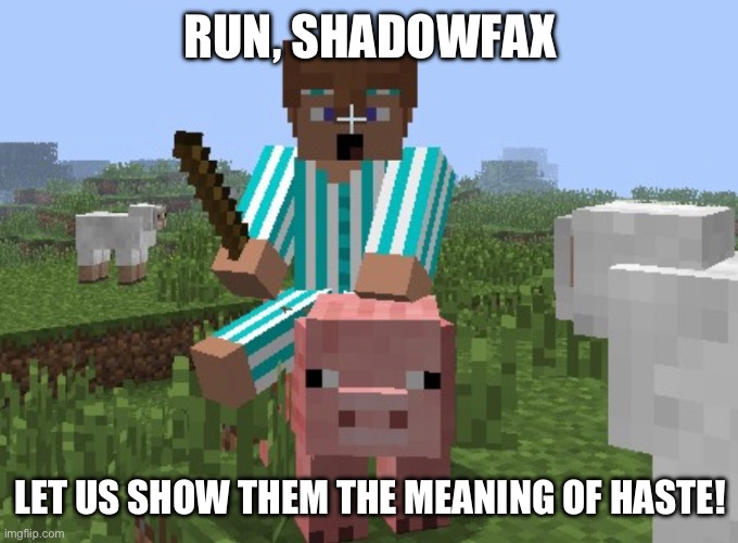 Behold, the fastest mob in all of Minecraft: | RUN, SHADOWFAX; LET US SHOW THEM THE MEANING OF HASTE! | image tagged in minecraft,pigs,random,lotr,oh wow are you actually reading these tags,stop reading the tags | made w/ Imgflip meme maker