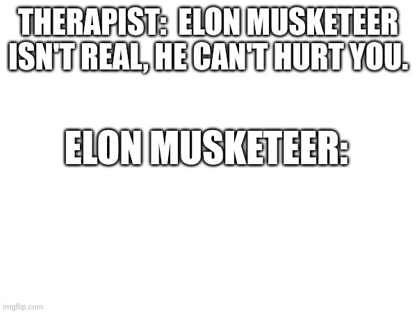 THERAPIST:  ELON MUSKETEER ISN'T REAL, HE CAN'T HURT YOU. ELON MUSKETEER: | made w/ Imgflip meme maker