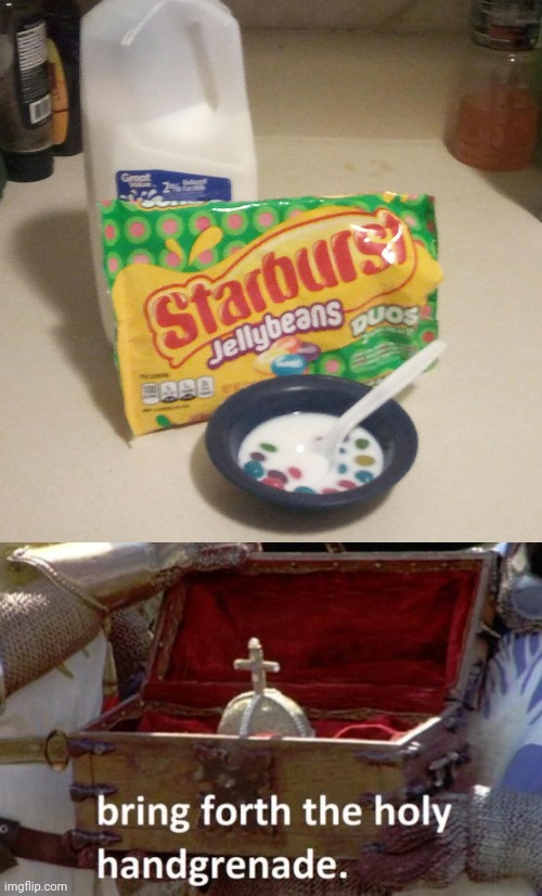 Starburst Jellybeans cereal | image tagged in bring forth the holy hand grenade,cursed image,starburst,jellybeans,cereal,memes | made w/ Imgflip meme maker