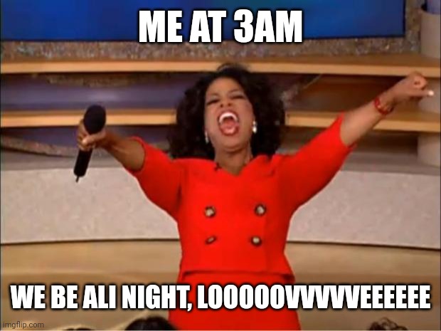 Oprah You Get A Meme | ME AT 3AM; WE BE ALI NIGHT, LOOOOOVVVVVEEEEEE | image tagged in memes,oprah you get a | made w/ Imgflip meme maker