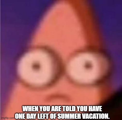 Eyes wide Patrick | WHEN YOU ARE TOLD YOU HAVE ONE DAY LEFT OF SUMMER VACATION. | image tagged in eyes wide patrick | made w/ Imgflip meme maker