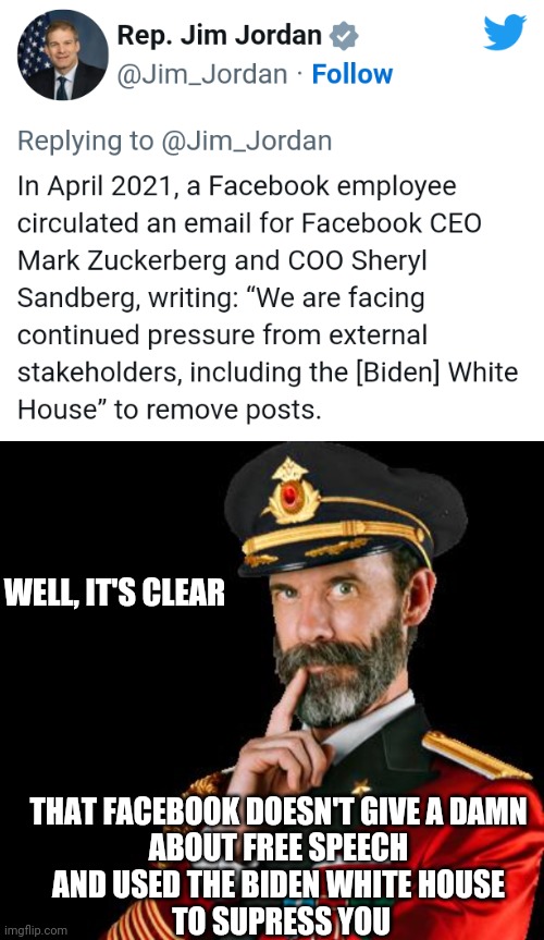 It's Obvious | WELL, IT'S CLEAR; THAT FACEBOOK DOESN'T GIVE A DAMN
 ABOUT FREE SPEECH 
AND USED THE BIDEN WHITE HOUSE
 TO SUPRESS YOU | image tagged in captain obvious,leftists,mark,liberals,democrats | made w/ Imgflip meme maker