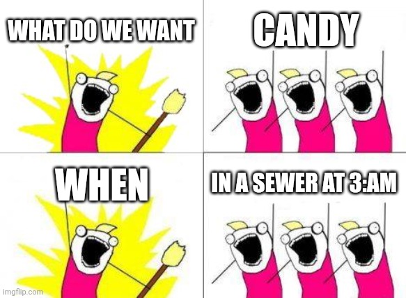 What Do We Want Meme | WHAT DO WE WANT; CANDY; IN A SEWER AT 3:AM; WHEN | image tagged in memes,what do we want | made w/ Imgflip meme maker