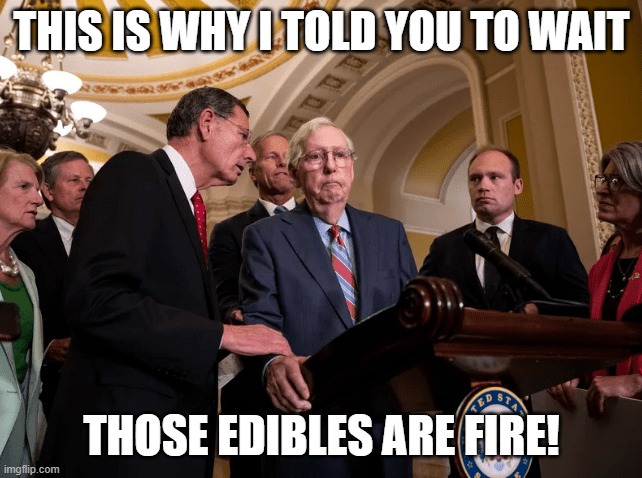 THIS IS WHY I TOLD YOU TO WAIT; THOSE EDIBLES ARE FIRE! | image tagged in mitch mcconnell,edibles,stroke | made w/ Imgflip meme maker