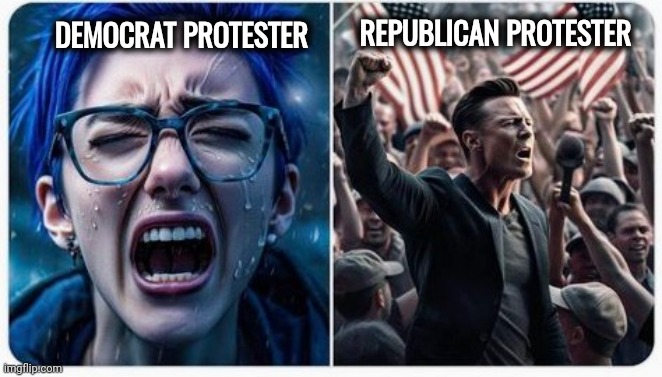 Democrats playing the Victim card | REPUBLICAN PROTESTER; DEMOCRAT PROTESTER | image tagged in high-pitched demonic screeching,reasonable argument,who would win,alright gentlemen we need a new idea | made w/ Imgflip meme maker
