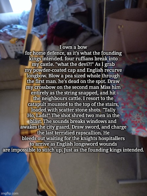 I own a bow for home defence, as it's what the founding kings intended. four ruffians break into my castle. "what the devi?!" As I grab my powder-coated cap and English recurve longbow. Blow a pea sized whole through the first man. he's dead on the spot. Draw my crossbow on the second man Miss him entirely as the string snapped, and hit the neighbours cattle. I resort to the catapult mounted to the top of the stairs, loaded with scatter stone shots. "Tally Ho, Lads!" The shot shred two men in the blast. The sounds breaks windows and awakes the city guard. Draw sword, and charge the last terridied rapscallion. He bleeds out waiting for the knights hospitallers to arrive as English longsword wounds are impossible to stitch up. Just as the founding kings intended. | image tagged in frost | made w/ Imgflip meme maker