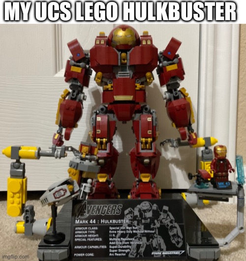 Continuing hall of armor | MY UCS LEGO HULKBUSTER | image tagged in blank white template,marvel,lego | made w/ Imgflip meme maker