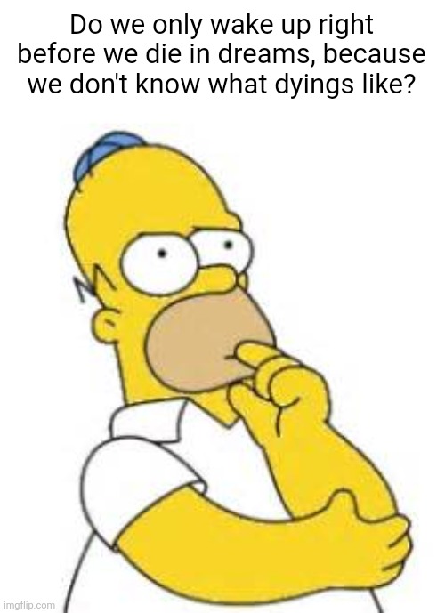 Meme #2,938 | Do we only wake up right before we die in dreams, because we don't know what dyings like? | image tagged in homer simpson hmmmm,memes,shower thoughts,dreams,death,hmmm | made w/ Imgflip meme maker