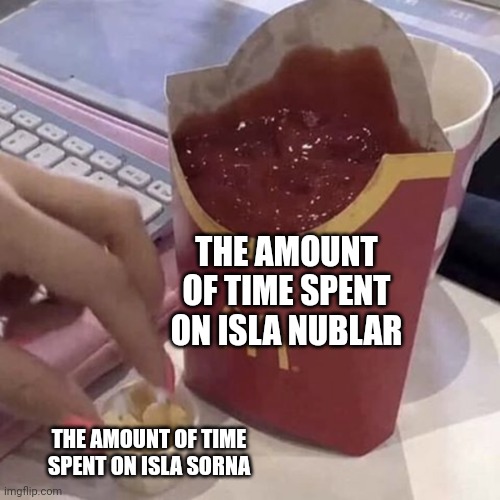 We need to spend more time on isla sorna (corrected version) | THE AMOUNT OF TIME SPENT ON ISLA NUBLAR; THE AMOUNT OF TIME SPENT ON ISLA SORNA | image tagged in ketchup with a side of fries,jurassic park,jurassicparkfan102504,jpfan102504 | made w/ Imgflip meme maker